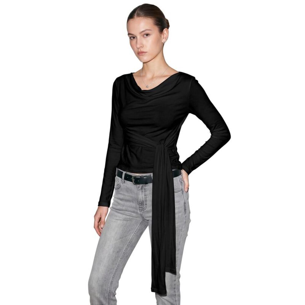 Womens Cowl Neck Long Sleeve Soft Stretchy Tie Modal Tops Black